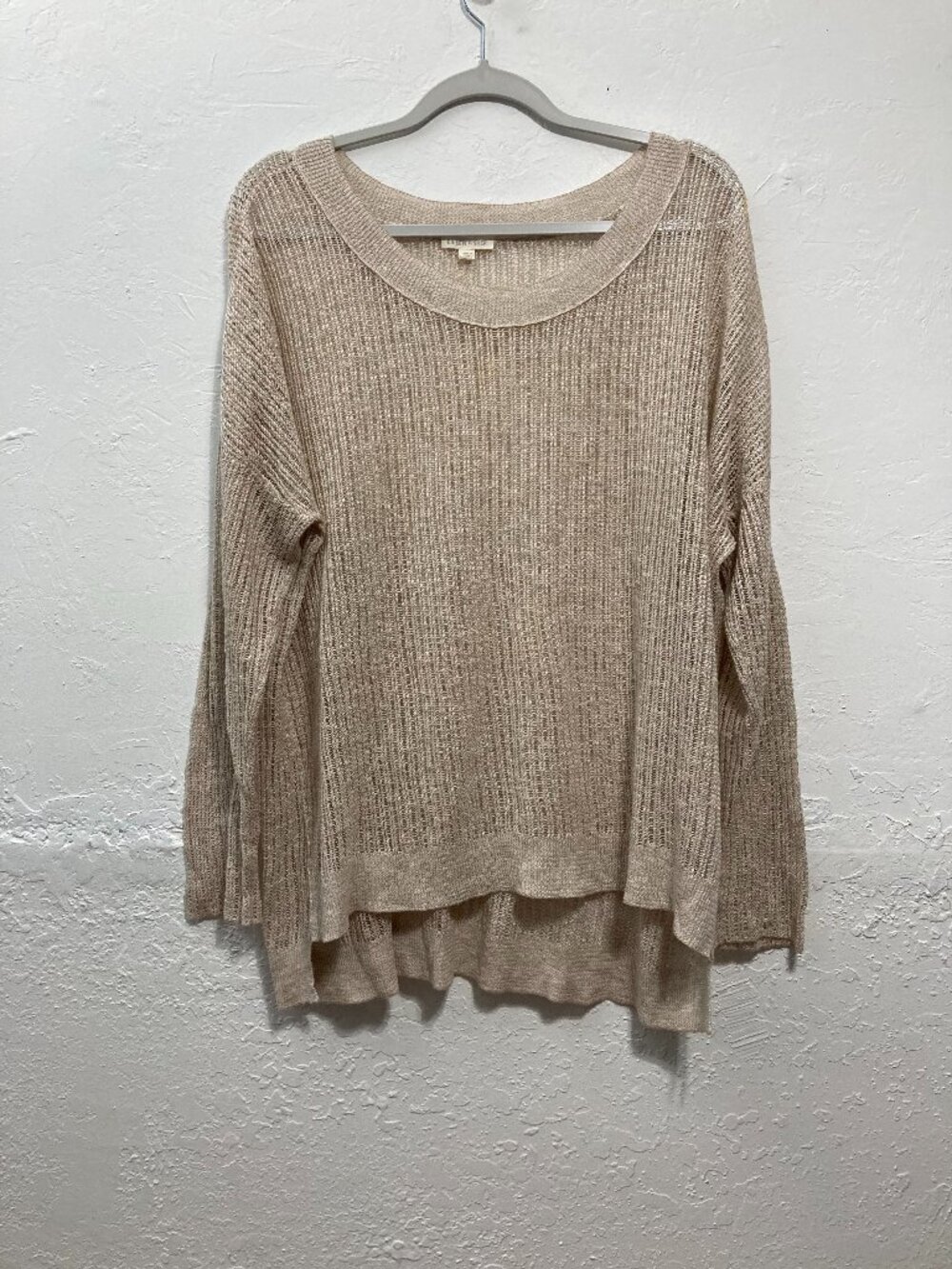 Eileen Fisher Organic Cotton Linen Open Knit Sheer Sweater Top Long Sleeve Beige